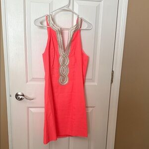 Lilly Pulitzer Coral Strapless Dress with Gold Accents